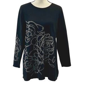 Alfani Women's Black Sweatshirt with Metallic Flowers Size L
